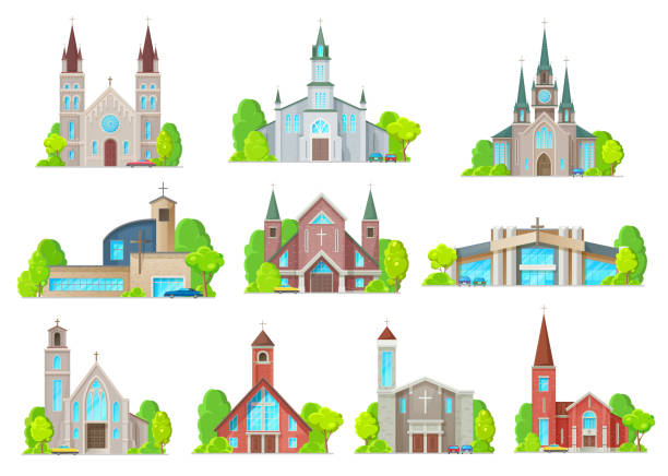 ilustrações, clipart, desenhos animados e ícones de edifícios de igrejas católicas isolados ícones vetoriais - church steeple vector christianity