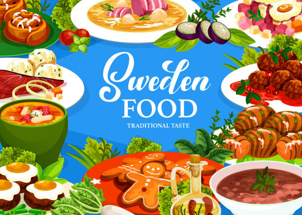 bildbanksillustrationer, clip art samt tecknat material och ikoner med sverige mat vektor affisch med svenska måltider. - potatis sweden