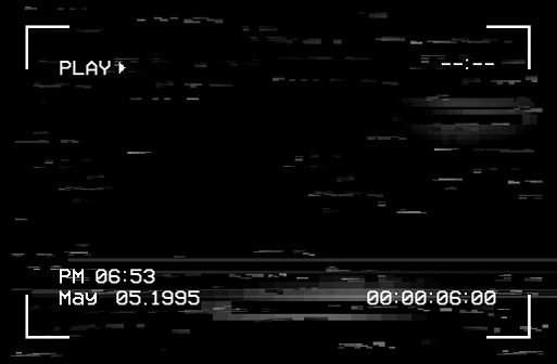 Camera film screen with glitch effect, vector vhs or video home system black background with random noise, digital viewfinder frame, date, month, time and play. Camera or television distortion signal