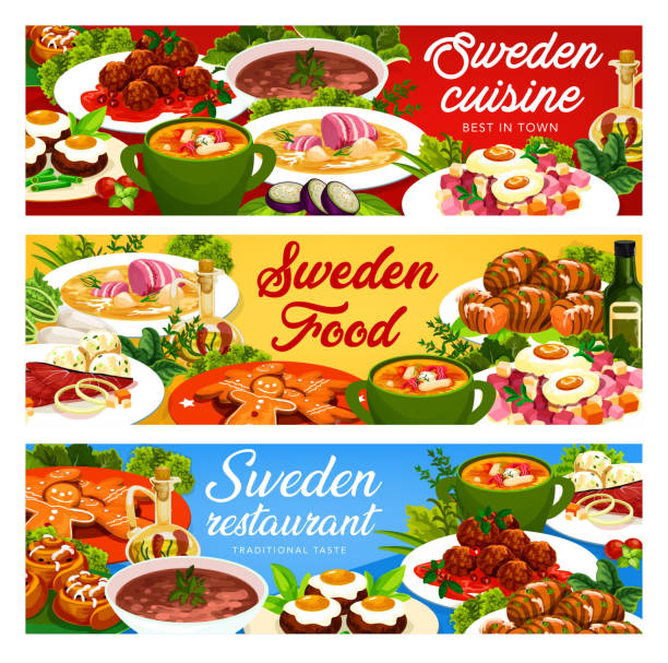 bildbanksillustrationer, clip art samt tecknat material och ikoner med sverige måltider vektor svenska mat banners set. - potatis sweden