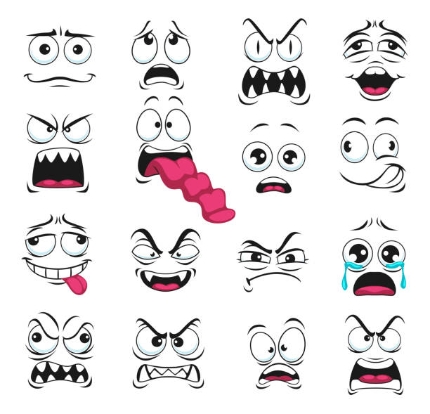 Cartoon face expression isolated vector icons set Cartoon face expression isolated vector icons, negative emoji vampire with sharp fangs, evil, scared and shocked, gloat, grin, smirk. Facial feelings yelling, show tongue, crying, upset emoticons set smirk emoji stock illustrations