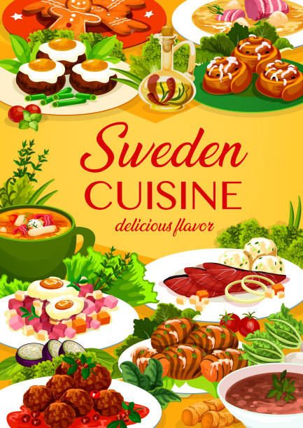 bildbanksillustrationer, clip art samt tecknat material och ikoner med sverige mat vektor svenska köket tecknad affisch - potatis sweden