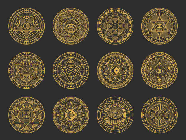 Magic symbols of alchemy, occult, esoteric signs Magic symbols with vector alchemy and occult science, esoteric religion and astrology mystic signs. Gold circles with Sun, Moon and spiritual eye, triangle, pentagram star, pyramid and ankh ornaments occult symbols stock illustrations