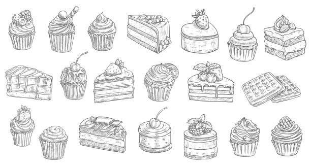 ilustraciones, imágenes clip art, dibujos animados e iconos de stock de pasteles, tartas de queso boceto pastel de postre dulces - muffin cake cupcake blueberry muffin