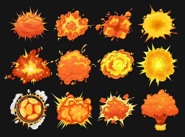 Bomb explosion isolated vector icons cartoon set Bomb explosion clouds vector icons. Cartoon boom effect and smoke elements for ui game design. Dynamite danger explosive detonation, atomic comics clouds. Detonators for mobile animation isolated set bombing stock illustrations