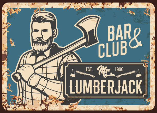 ilustrações de stock, clip art, desenhos animados e ícones de lumberjack man with ax, metal rusty plate retro - backgrounds dirty metal industry