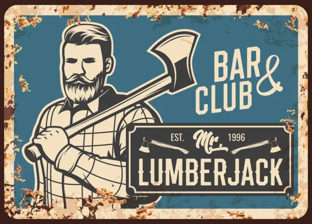 Vector illustration of Lumberjack man with ax, metal rusty plate retro