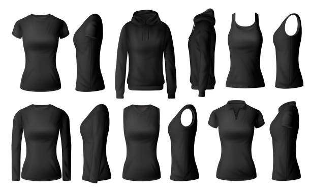 женщины одежды вектор футболку балахон и поло дизайн - long sleeved shirt blank black stock illustrations