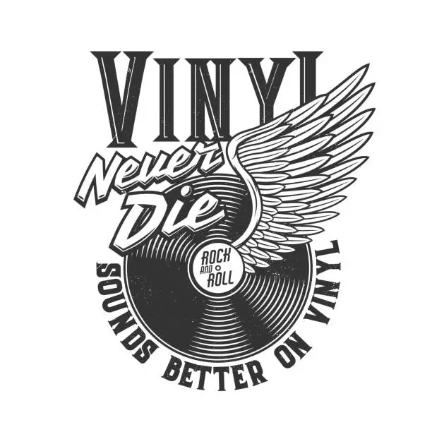 Vector illustration of Tshirt print with winged vinyl disk for apparel