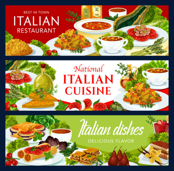 illustrazioni stock, clip art, cartoni animati e icone di tendenza di set di striscioni vettoriali della cucina del ristorante italiano - minestrone