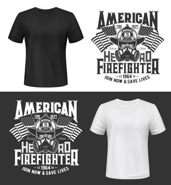 Tshirt print with firefighters equipment gas mask Tshirt print with firefighters gas mask, glasses, helmet and american flag. Vector apparel mockup. Fire department rescue team emergency service t shirt print design, isolated monochrome label, emblem fire alphabet letter t stock illustrations