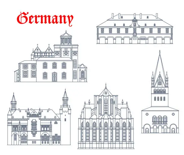 Vector illustration of Germany landmark buildings icons, Aachen churches