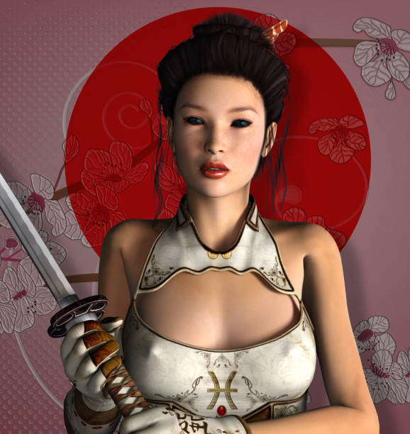 istock Asian fighter lady on a rising sun backdrop 1302215977