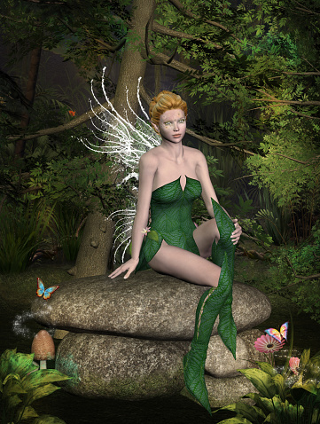 Fairy in green dress sitting on a rock in the middle of the forest – 3D render