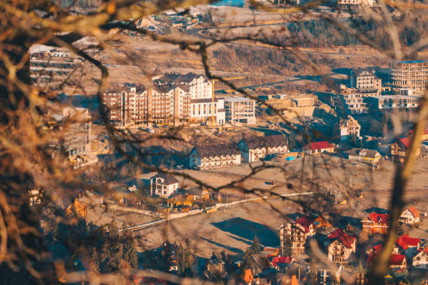top view of village in mountains copy space