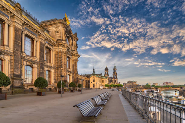 istock Dresden Germany, sunset city skyline at Elbe River and Augustus Bridge 1302217339