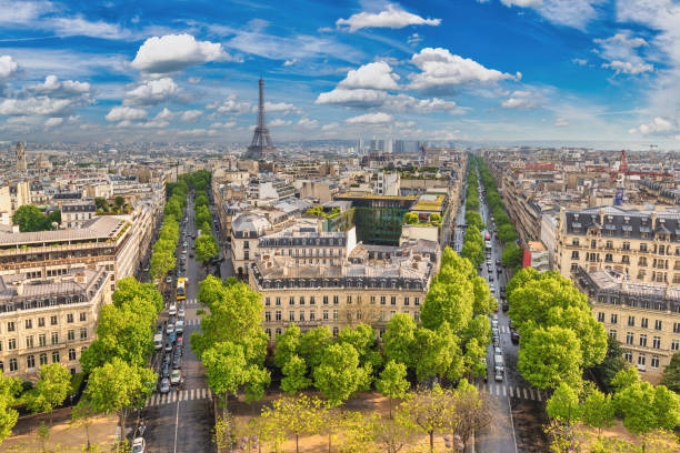 istock Paris France, high angle view, city skyline at Eiffel Tower view from Arc de Triomphe 1302217362