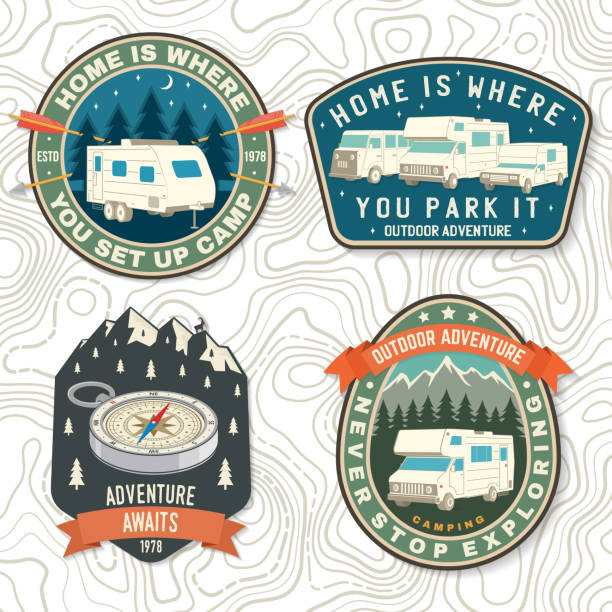 illustrations, cliparts, dessins animés et icônes de ensemble de patchs de camp d’été. vector concept pour chemise ou logo, imprimé, timbre, patch ou tee-shirt. conception vintage de typographie avec la remorque de rv, la tente de camping, la forêt, la silhouette de montagne - motor home mobile home vehicle trailer camping