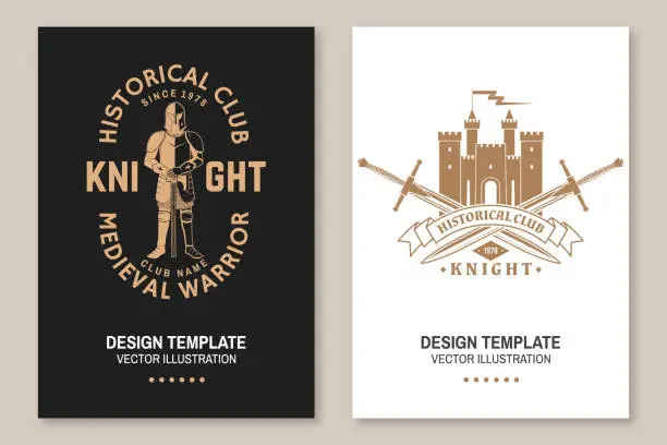 Vector illustration of Knight historical club flyer, brochure, banner, poster. Vector Concept for shirt, print, stamp, overlay or template. Vintage typography design with medieval castle, knight and sword silhouette.