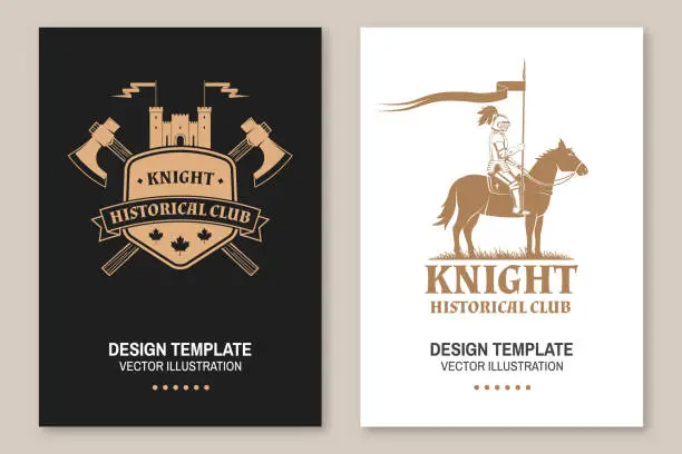 Vector illustration of Knight historical club flyer, brochure, banner, poster. Vector Concept for shirt, print, stamp, overlay or template. Vintage design with medieval castle, knight on a horse and shield silhouette.