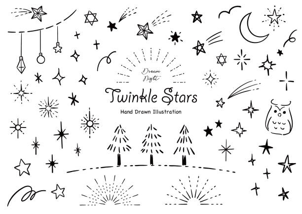 Hand-drawn illustration set of stars. Pen drawing. Hand-drawn illustration set of stars. Pen drawing. clip art of a meteoroids stock illustrations