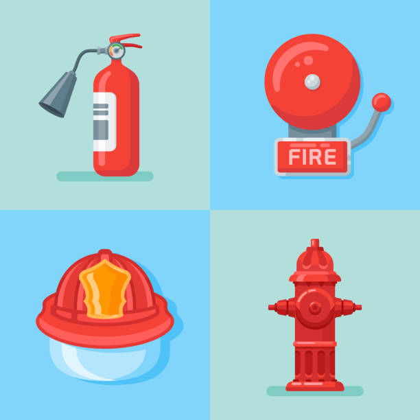 Set of firefighter or fire emergency flat style icons. Set of firefighter or fire emergency flat style icons. Vector illustration. fire hydrant stock illustrations
