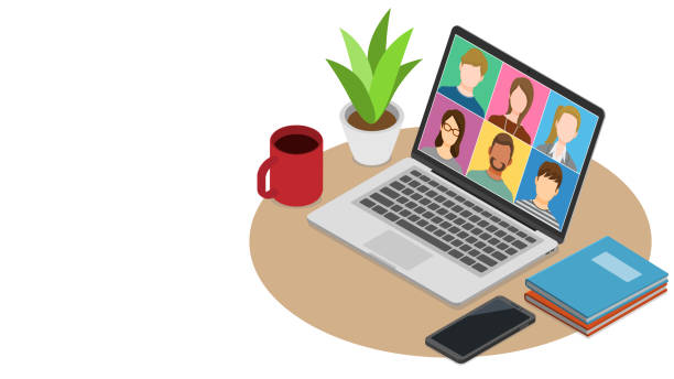 People video conference on laptop computer vector art illustration