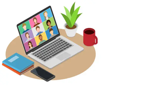 Vector illustration of People video conference on laptop computer