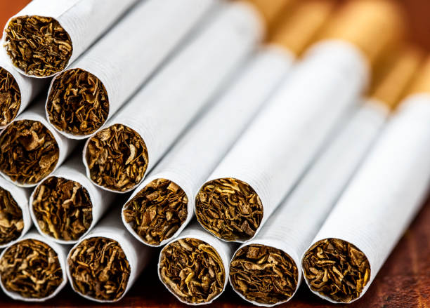 Close up of a smoking cigarettes. Tobacco product. stock photo