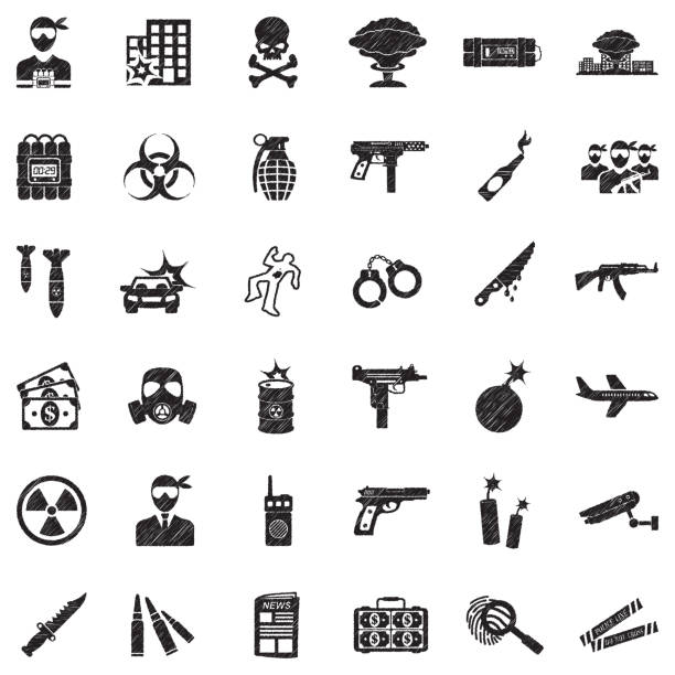 ilustraciones, imágenes clip art, dibujos animados e iconos de stock de iconos terroristas. diseño de garabato negro. ilustración vectorial. - computer icon symbol knife terrorism