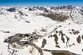 Aerial view of the top of the Stelvio alpine pass in near Bormio in Northern Italy