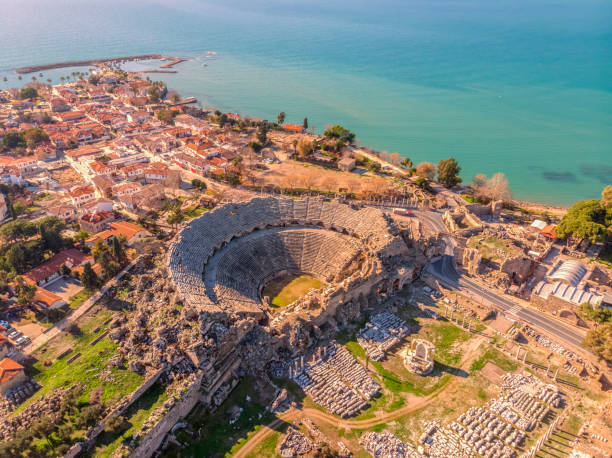 Aerial view of Side in Antalya, Turkey Side is an ancient Greek city on the southern Mediterranean coast of Turkey in Antalya, a resort town and one of the best-known classical sites in the country. amphitheater stock pictures, royalty-free photos & images
