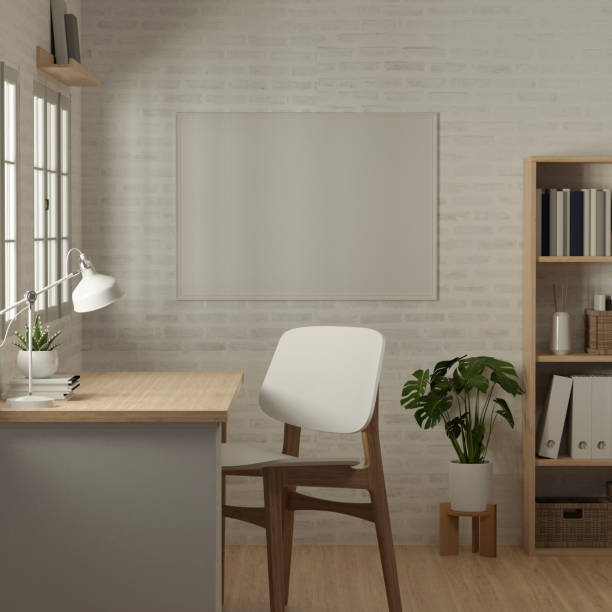 istock 3D rendering, Side view of home office with worktable, book shelf, decorations and chair, 3D illustration 1302227717