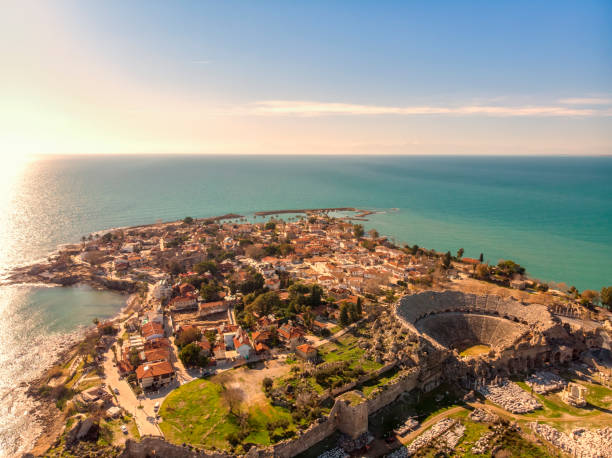 Aerial view of Side in Antalya, Turkey Side is an ancient Greek city on the southern Mediterranean coast of Turkey in Antalya, a resort town and one of the best-known classical sites in the country. temple of apollo antalya province stock pictures, royalty-free photos & images