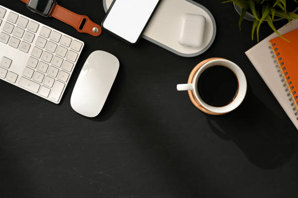 istock Creative flat lay workspace with computer keyboard, mouse, stationery and copy space 1302227750