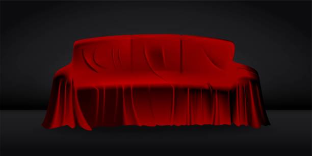 istock Red cloth drapery covering sofa. Silk fabric hanging on gift for surprise reveal vector illustration. Hidden coach under veil decoration on black background. Mysterious presentation event 1302227819