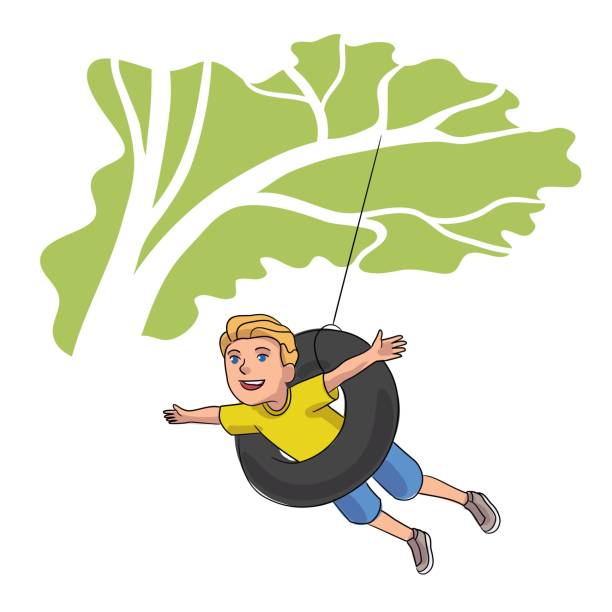 ilustrações de stock, clip art, desenhos animados e ícones de cute kid on swing at playground. happy boy riding and flying on car tire hanging from tree on string. child playing in park in summer holidays. outdoor childhood games vector illustration - freedom tire swing tire swing