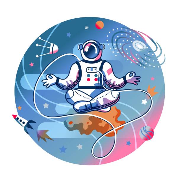 istock Funny astronaut meditating in space. Man in spacesuit sitting in calming lotus position. Space exploration fun entertainment vector illustration. Cosmonaut in universe, stars and planets 1302229185