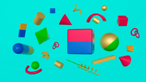 istock Realistic primitives in abstract composition. Spheres, cylinders, cubes, cone in different colors. 3D rendering. Blank for design. Layout. 1302229580