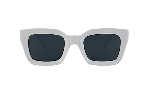 White colored bold square horn rimmed sunglasses with blue matte lenses and thick frames isolated on white background. Front view.