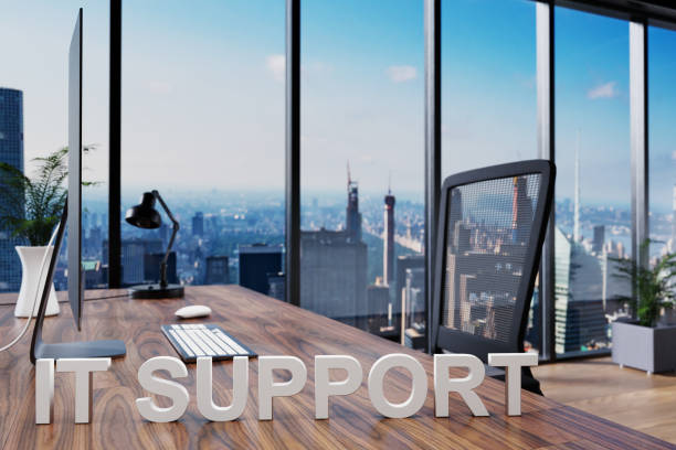 istock it support helpdesk; office chair in front of modern workspace with computer and skyline view; banking concept; 3D Illustration 1302229871