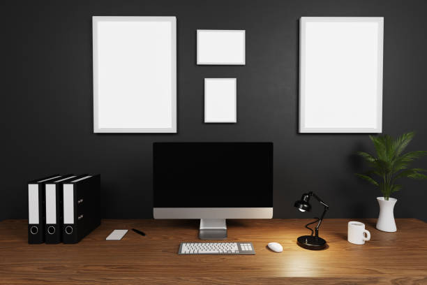 istock modern clean office workspace with computer screen and dark concrete wall and large white empty canvas; copy space; 3D Illustration 1302229889