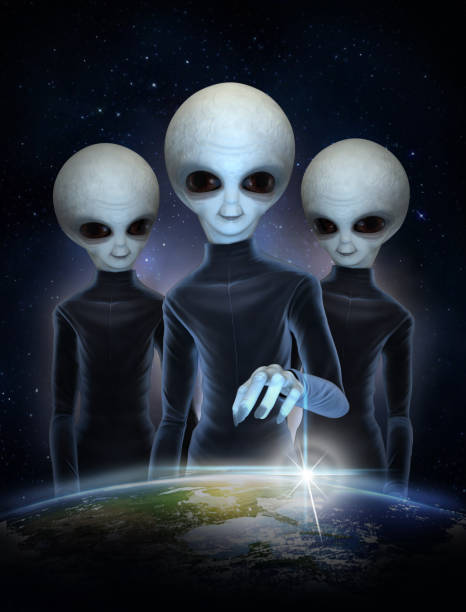 tres alienígenas grises en trajes espaciales negros sobre el fondo del cielo estrellado cósmico están observando el planeta tierra. ilustración en 3 d. - alien world fotografías e imágenes de stock