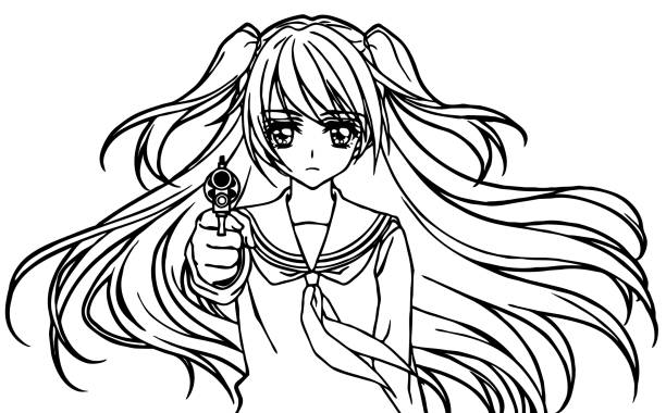 Illustration for coloring book of a high school girl with a gun Illustration for coloring book of a high school girl with a gun black and white anime girl stock illustrations