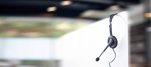istock Communication support, call center and customer service help desk. VOIP headset for customer service support (call center) concept 1302235362