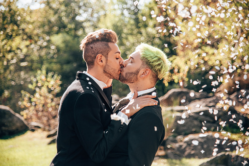 gay couple kissing for the marriage