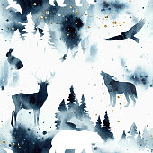 istock Watercolor stylish vector seamless pattern with forest and animals under night sky in blue and white colors. Wild animals silhouettes and trees isolated on background. Bear, wolf, deer, hare, eagle 1302239785