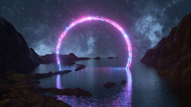 istock Futuristic fantastic landscape with glowing neon stream. 3D render 1302240298
