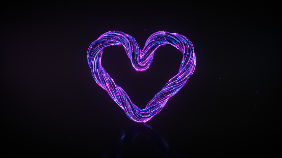 Heart shape of ultraviolet light trails. 3D rendering