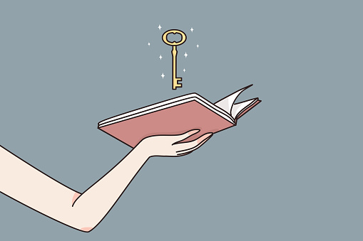 Intelligence, education, unlimited access to knowledge concept. Female hands holding open book with magic golden key meaning chance to unlock wisdom in studying vector illustration